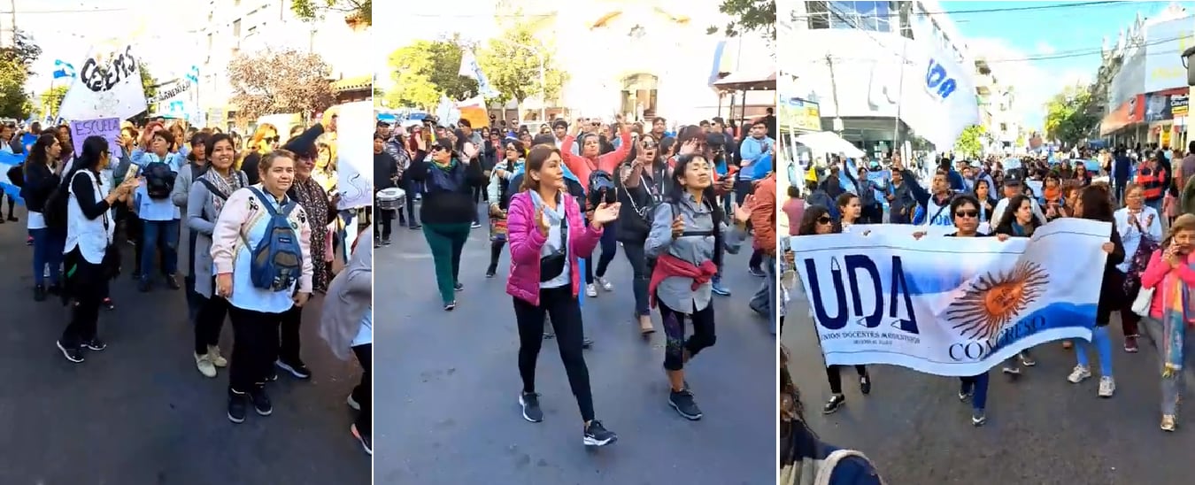 Docentes nucleados en el CEDEMS y en UDA Jujuy, en la movilización de este lunes en Jujuy.