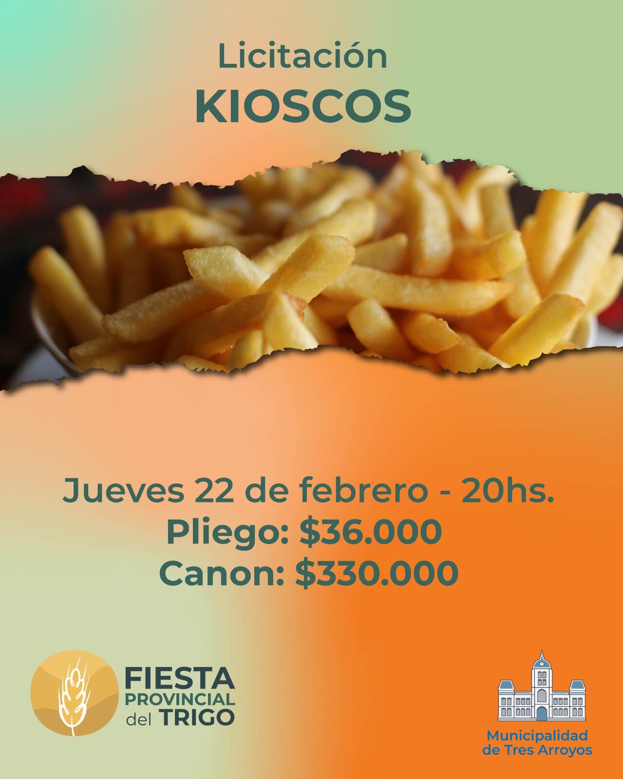 Fiesta Provincial del Trigo del Tres Arroyos: licitación de fogones, kioscos, carros gastronómicos y carros cerveceros