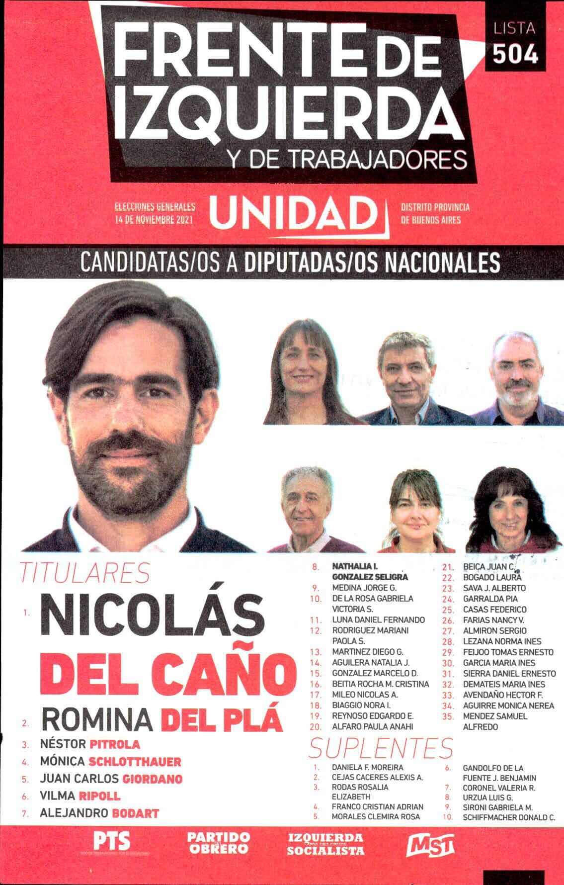 Boleta electoral del "Frente de Izquierda y de los Trabajadores - Unidad" para las Elecciones 2021 en Provincia de Buenos Aires, con Nicolás Del Caño a la cabeza de la lista.