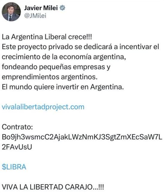 El tuit que publicó Milei promocionando una criptomoneda (Captura X).