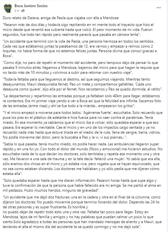 Relato de Daiana, amiga de Paola Emilce Fleitas (31) fallecida en el trágico accidente de hinchas de Boca en Mendoza.