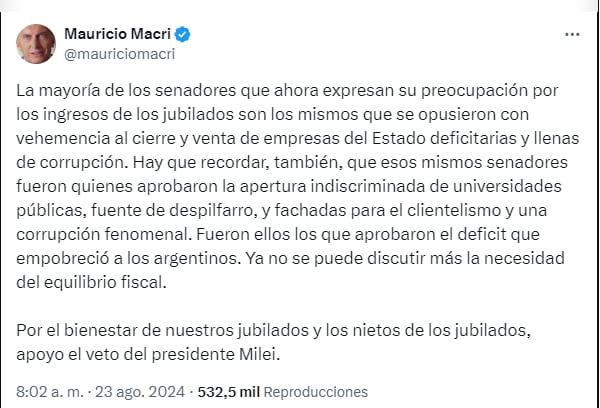 Mauricio Macri defendió el veto de Javier Milei