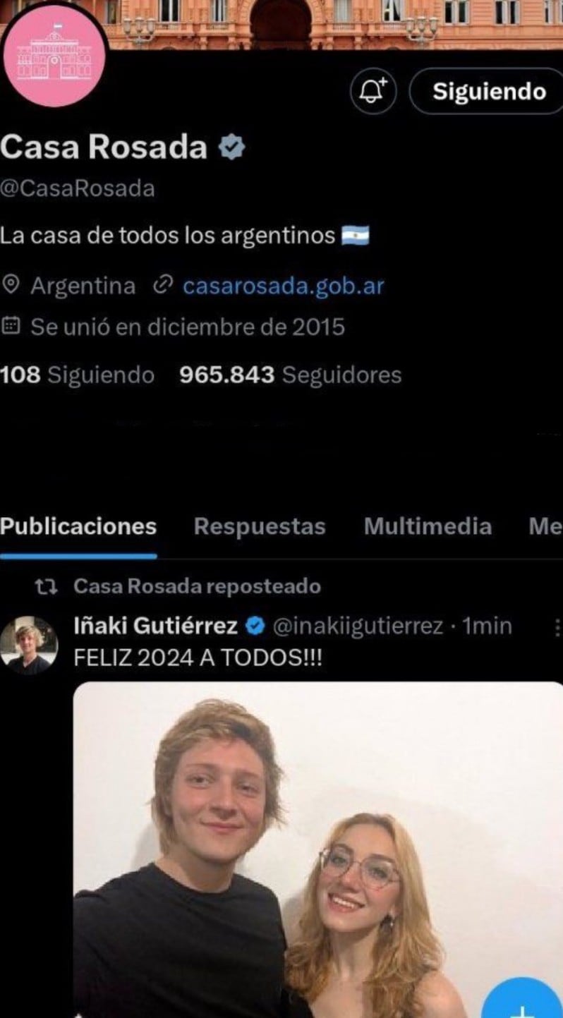 Le retiraron el control de la cuenta de la Casa Rosada luego de que reposteara una foto suya junto a su pareja, Eugenia Rolón.