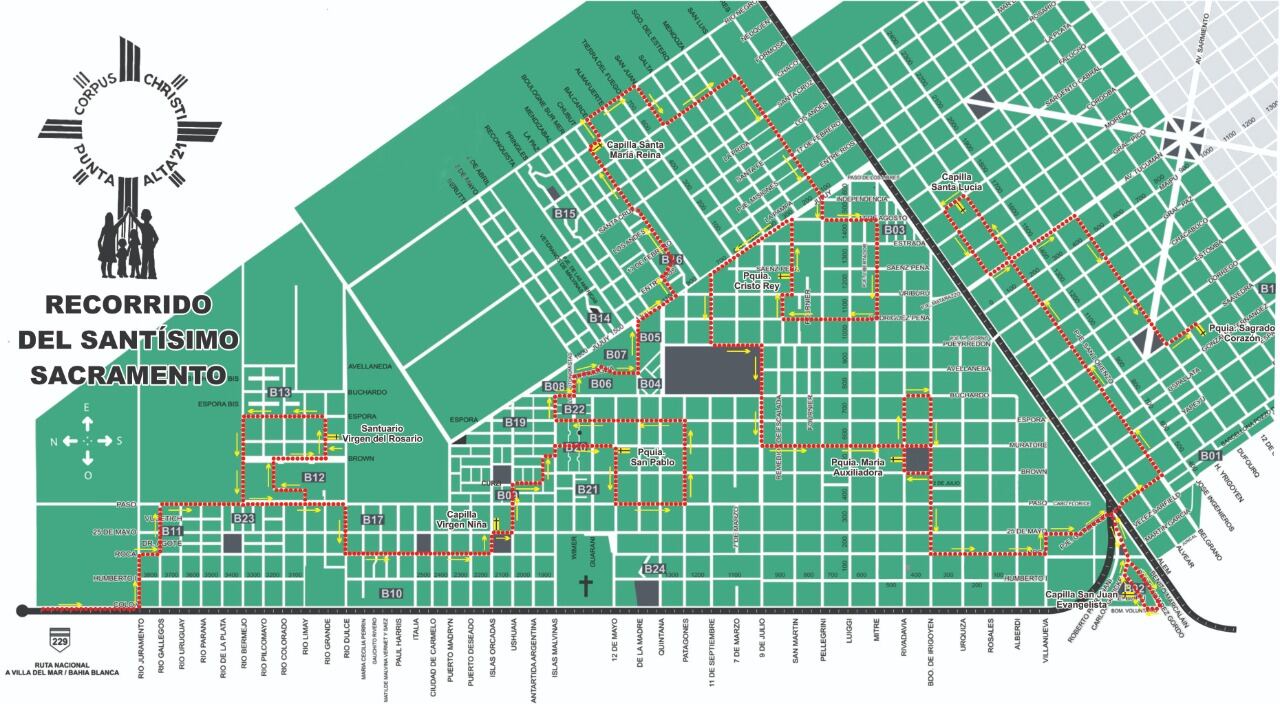 Recorrido de la procesión con el Santísimo Sacramento por las calles de Coronel Rosales