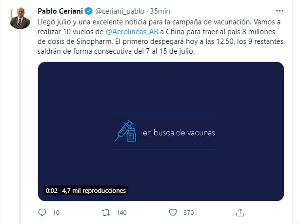 Aerolíneas Argentinas realizará 10 vuelos para traer 8 millones de vacunas Sinopharm