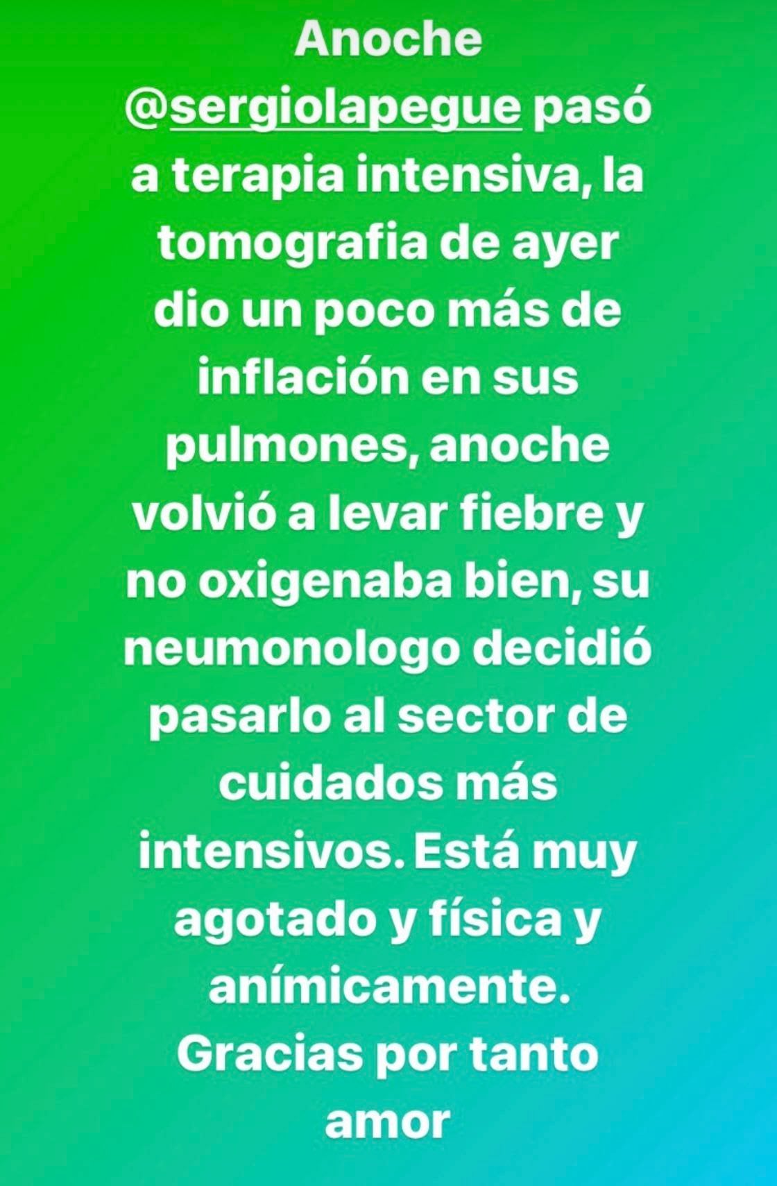 "Bochi", la esposa de Sergio Lapegüe, informó sobre el estado de salud del periodista este martes.