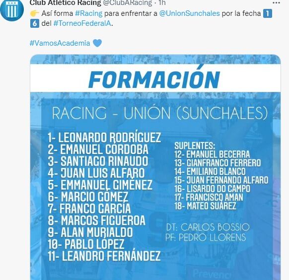 La formación de un Racing imparable en el Federal A.