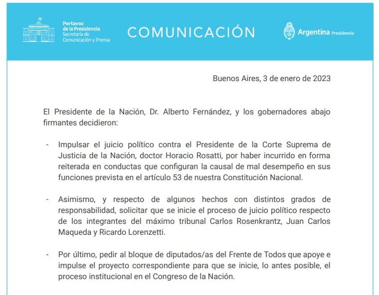 El comunicado de juicio político enviado por presidencia.