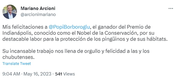 Arcioni felicitó a Pablo García Borboroglu, el científico chubutense que ganó el “Premio de Indianápolis”.