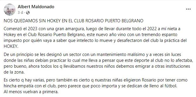 Un usuario de Facebook expuso su tristeza por el final del hockey en Rosario Puerto Belgrano.