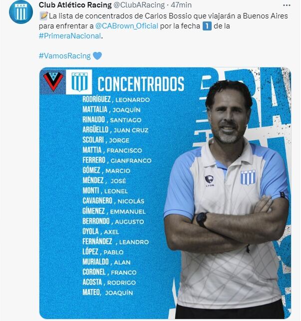 Los elegidos por Carlos Bossio para el debut de Racing en la Primera Nacional.