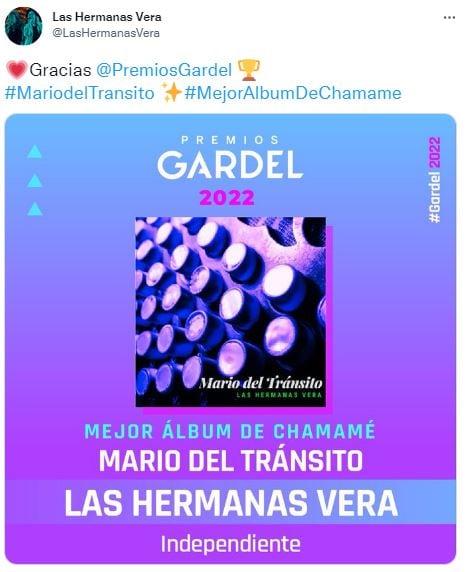 El posteo de Las hermanas Vera, luego de ganar el Premio Gardel.