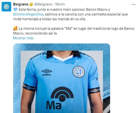 La camiseta que lucirá Belgrano ante Platense, por el Día de la Madre.