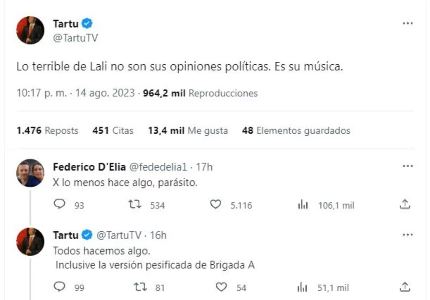 El fuerte cruce entre Federico D’Elia y Tartu por Lali Espósito.