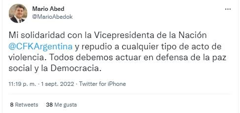 Mario Abed también se solidarizó con la Vicepresidenta mediante redes.