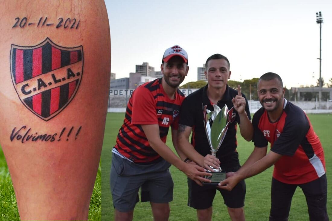 Rodrigo Gaitán, DT de Los Andes, y el tatuaje por el ascenso en Liga Cordobesa. (Gentileza Rodrigo Gaitán).