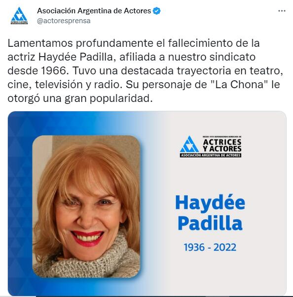 El comunicado de la Asociación Argentina de Actores por la muerte de Haydée Padilla.