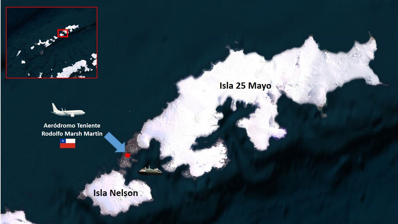 Una opción de la compañía es tomar un vuelo hasta la Base Frei Montalva, tomar tierra en el aeródromo Teniente Marsh Martin y embarcar al crucero en Bahía Fildes.