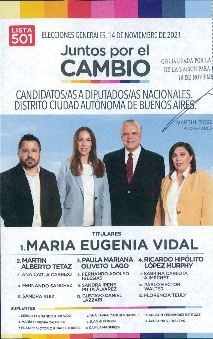 Boleta electoral de "Juntos por el Cambio" para las Elecciones 2021 en Ciudad de Buenos Aires, con María Eugenia Vidal a la cabeza de la lista.