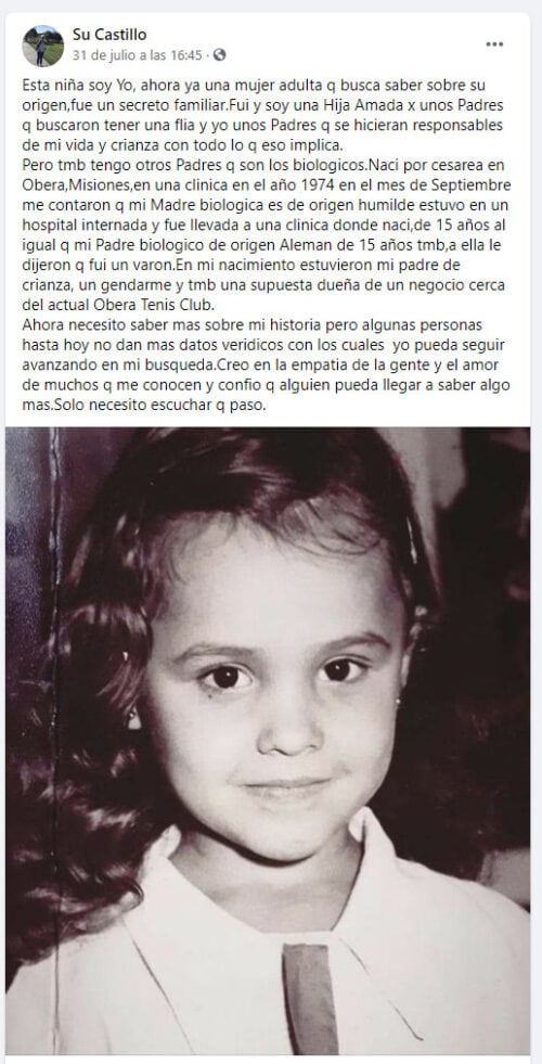 La mujer busca a su familia biológica en Oberá.