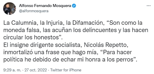 En dos tuits, el exministro disparó munición gruesa contra el excomisario.