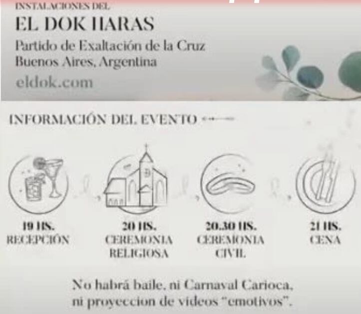 Detalles de la tarjeta de invitación del casamiento de Jorge Lanata