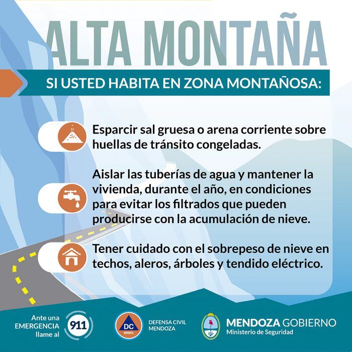 Nevadas en Alta Montaña: recomendaciones de Defensa Civil Mendoza.