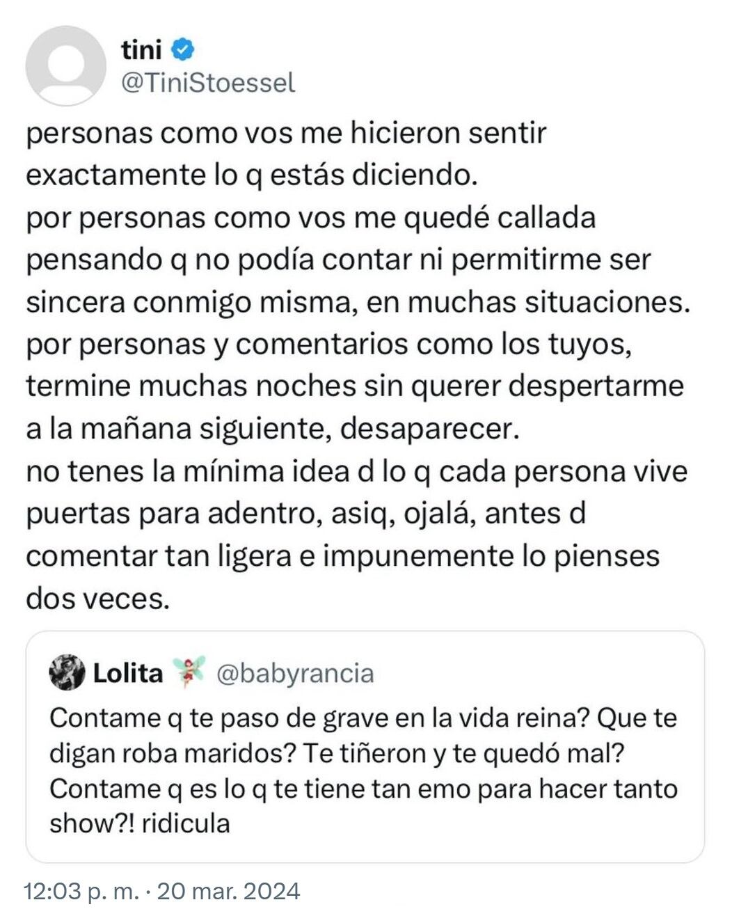 La respuesta de Tini Stoessel contra un mensaje de odio en Twitter.