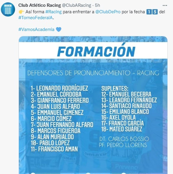 El once titular que puso Carlos Bossio en el empate de Racing.