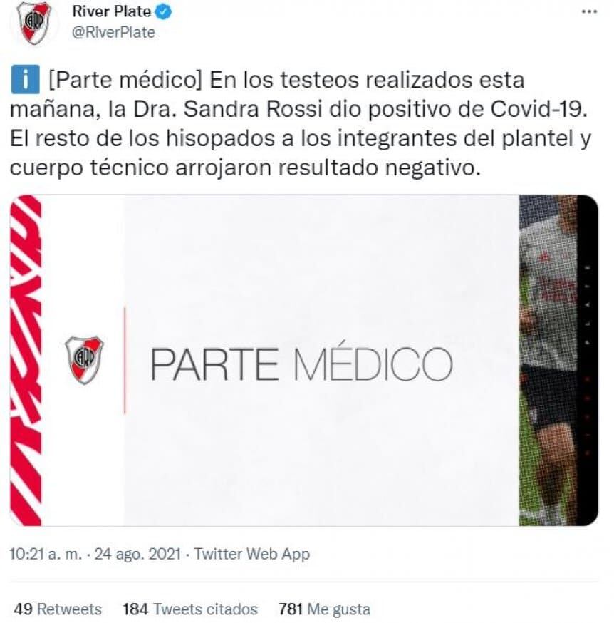 River comunicó un nuevo caso positivo de covid-19.