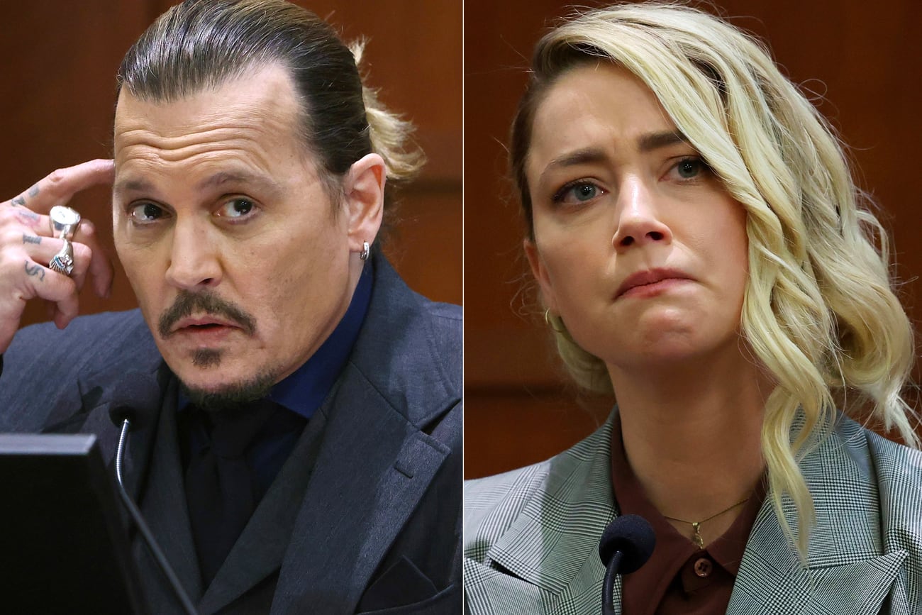 A la izquierda, el actor Jonny Depp declarando en el juzgado de Fairfax, Virginia. 
A la derecha, Amber Heard declarando en la misma corte el 26 de mayo de 2022. (Foto AP)