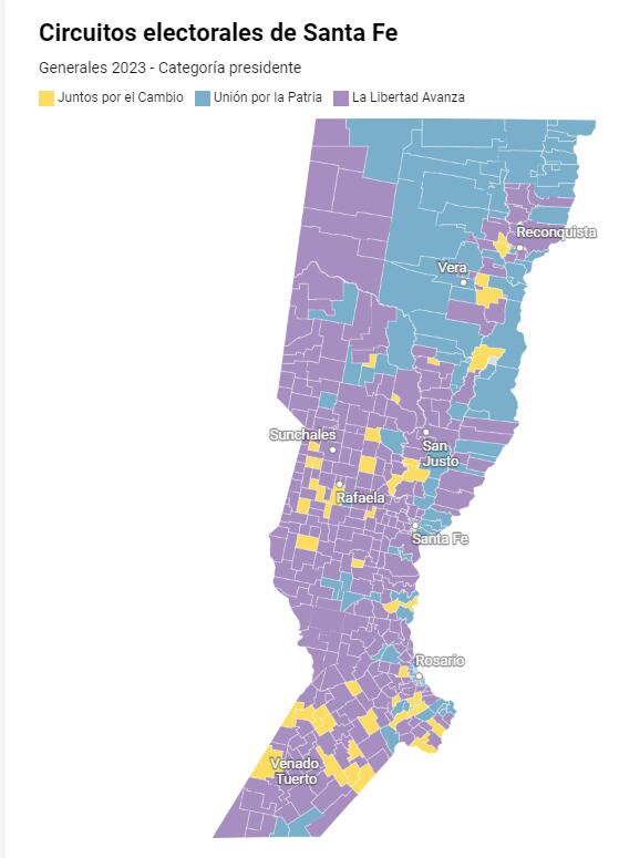 El mapa de los resultados muestra que Javier Milei y Sergio Massa se disputaron varios departamentos.