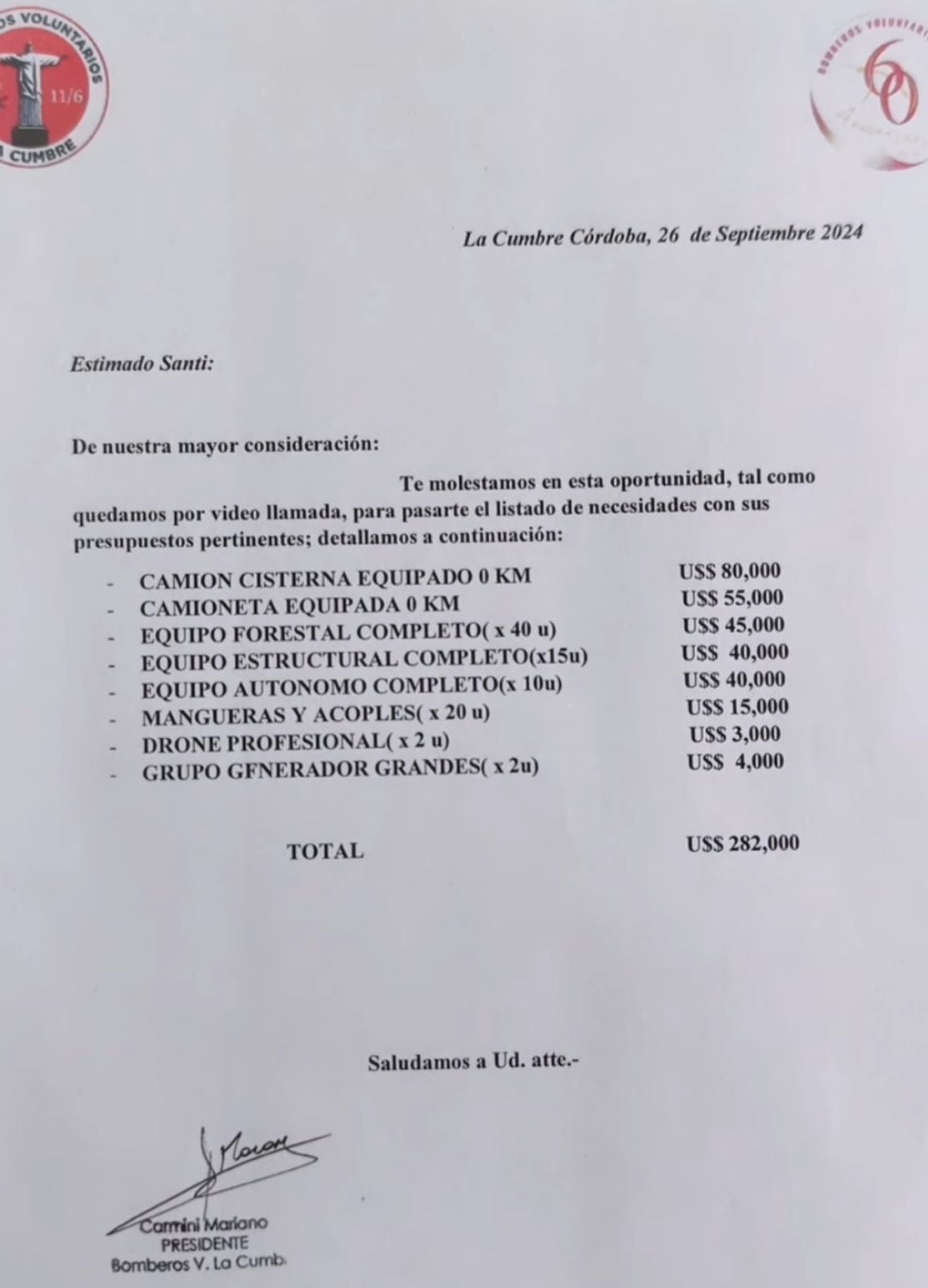 El listado con los pedidos de los bomberos de Córdoba para la colecta de Santi Maratea.