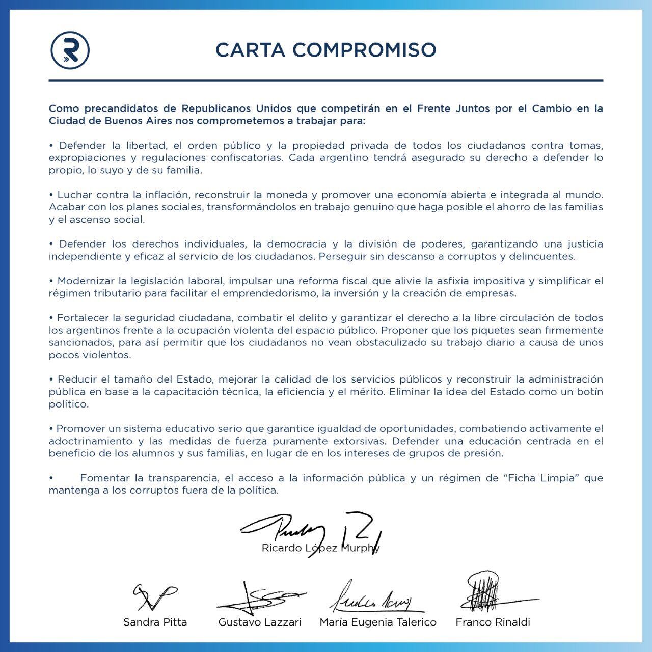 La "carta compromiso" de Republicanos Unidos