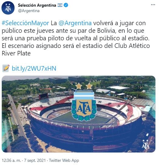 La Selección Argentina jugará con público frente a Bolivia, en un partido válido por las Eliminatorias rumbo al Mundial Qatar 2022.