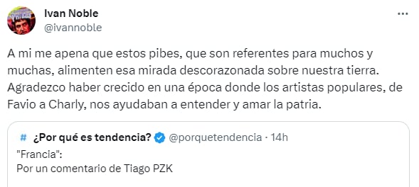 El comentario de Iván Noble sobre los dichos de Tiago PZK