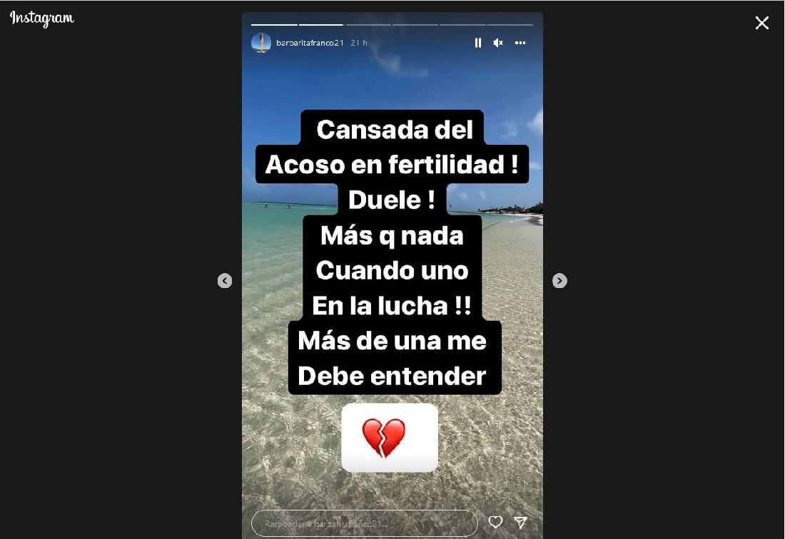 La "storie" que publicó Franco, harta de que le pregunten por su embarazo. (Instagram).