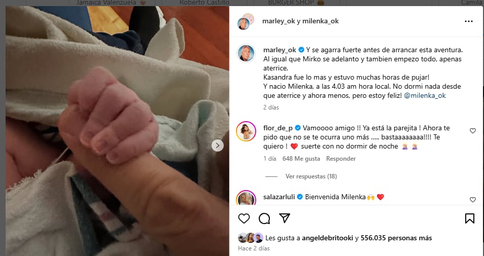 Así anunció Marley el nacimiento de Milenka