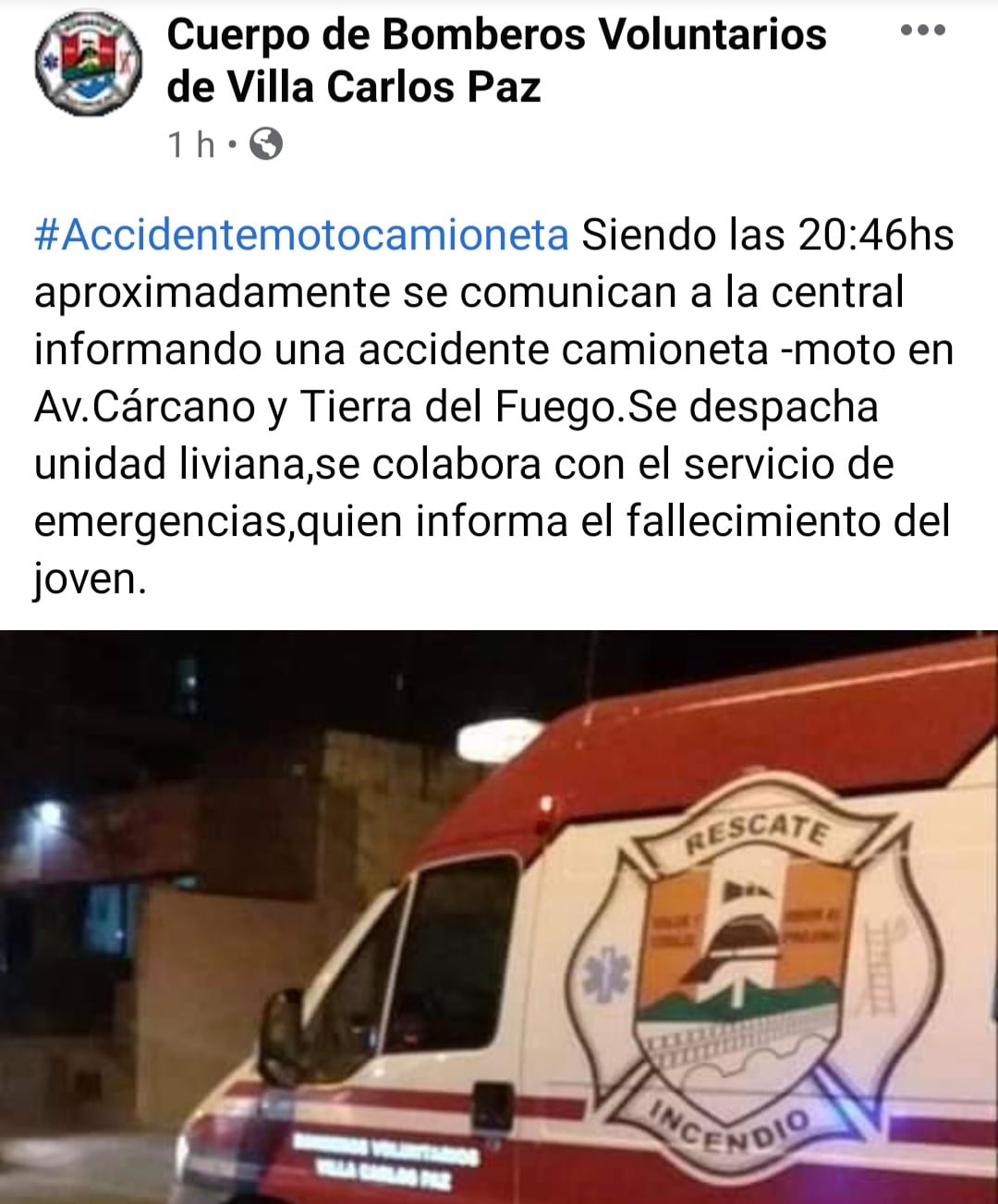 Publicación de Bomberos Voluntarios de Carlos Paz en redes sociales.