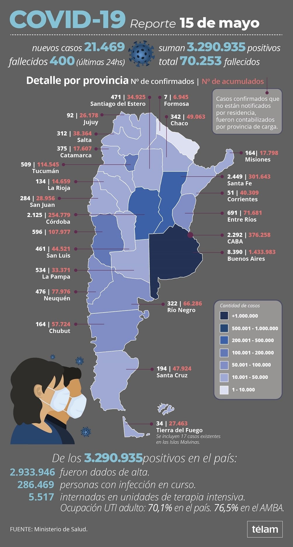 Mapa de contagio del COVID 19  a nivel nacional, día 15 de mayo de 2021.