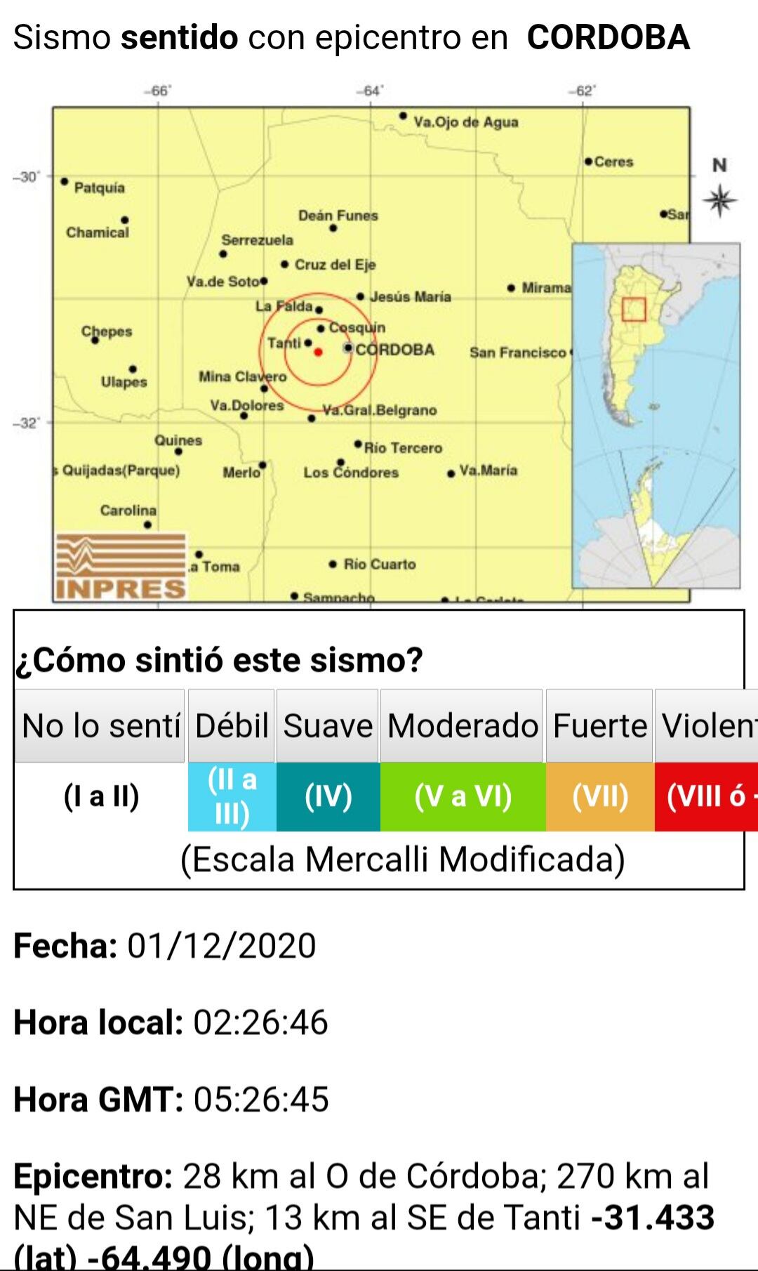 El informe emitido este martes por INPRES.