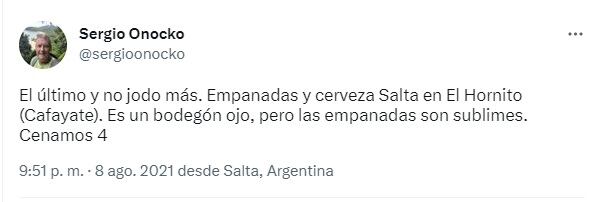 Tuit sobre las empanadas de El Hornito