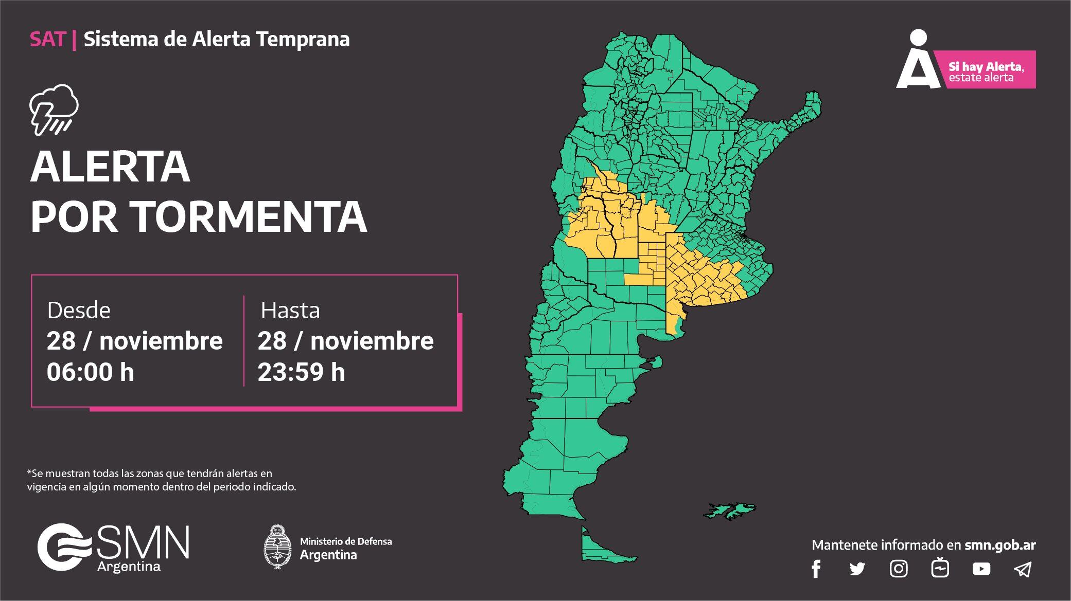 Alerta amarilla por tormentas para este 28 de noviembre.