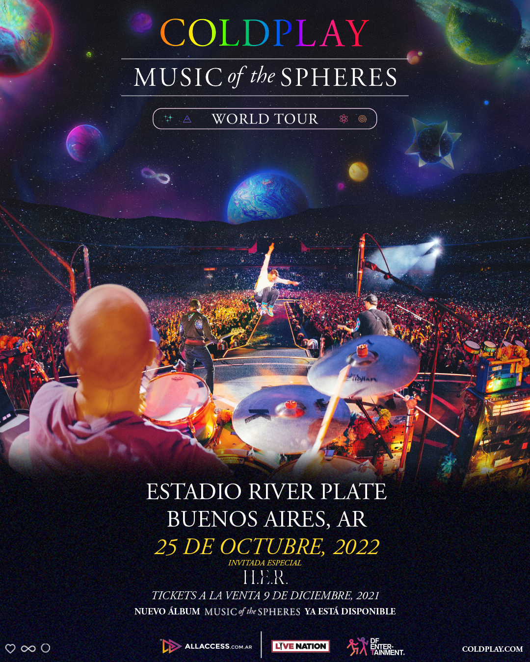 El flyer de la nueva fecha de Coldplay en Argentina. (DF Entertainment)