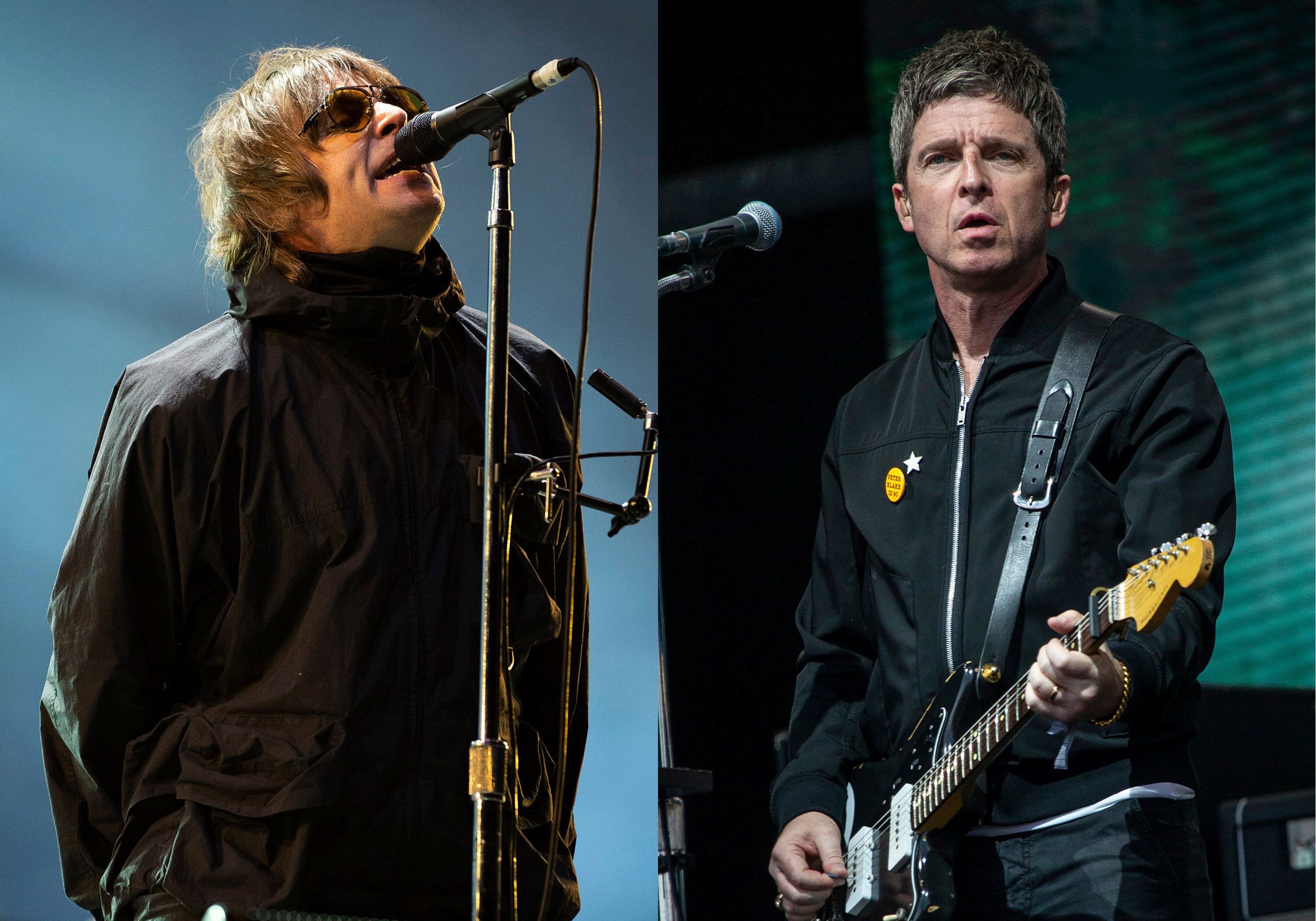 Liam Gallagher actúa en el Reading Music Festival, Inglaterra, el 29 de agosto de 2021, izquierda, y Noel Gallagher actúa en el Festival de Glastonbury en Worthy Farm, Somerset, Inglaterra, el 25 de junio de 2022.(Foto AP)