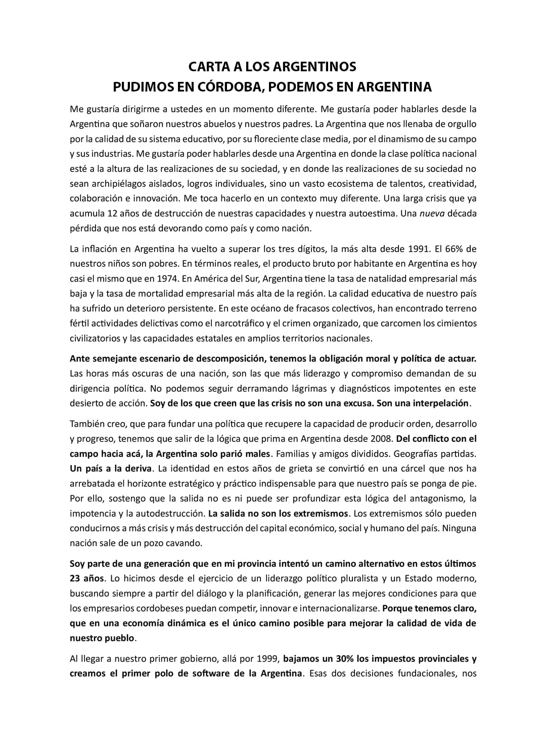 La carta de Juan Schiaretti para los argentinos.