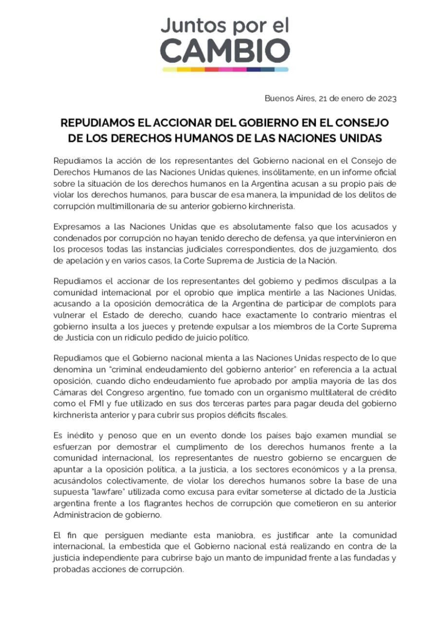 El comunicado de Juntos por el Cambio sobre el informe que el Gobierno presentará el lunes ante la ONU.