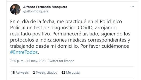 El funcionario provincial anunció por Twitter, que dió positivo de Covid-19.