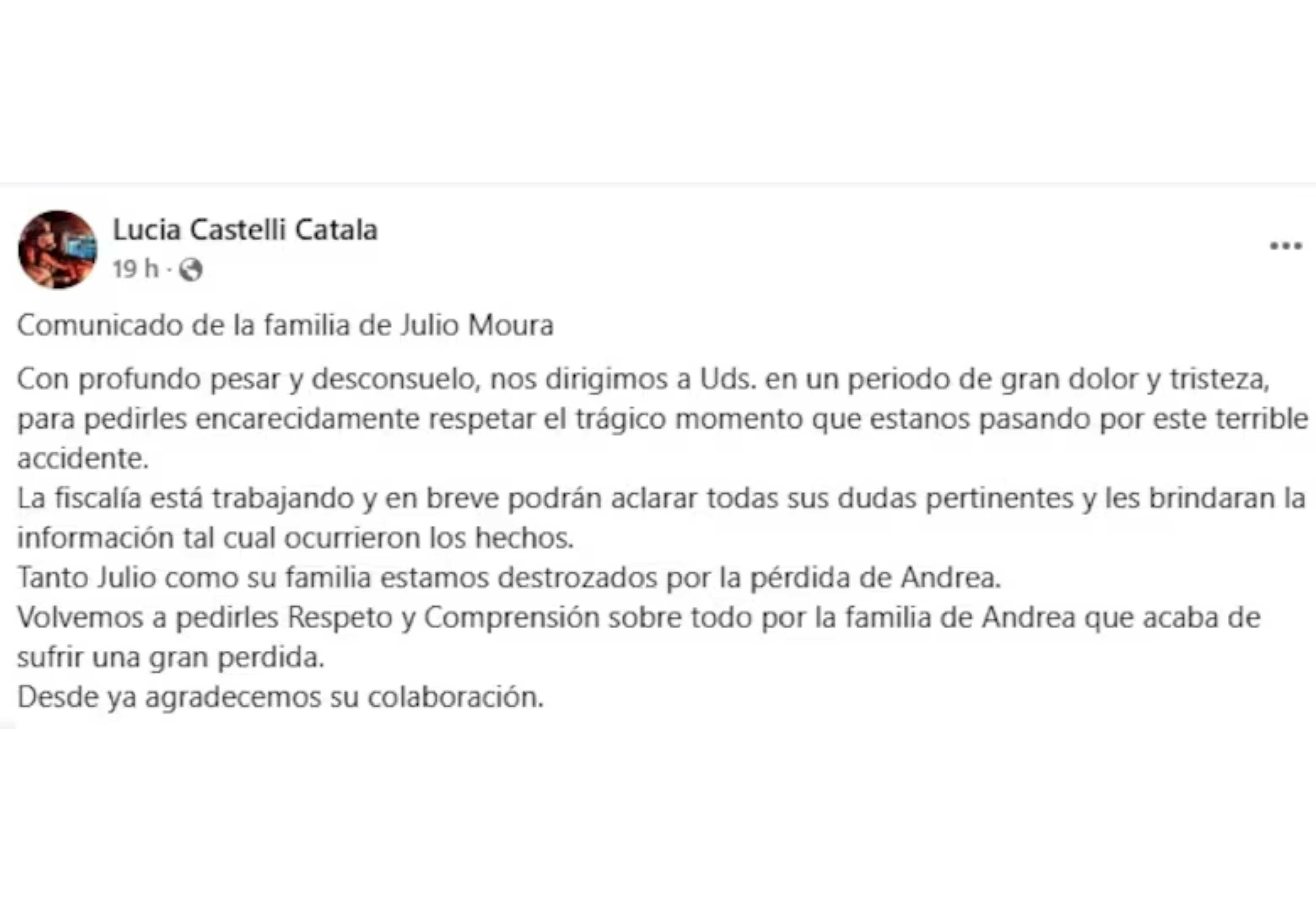 El comunicado de la familia de Julio Moura.