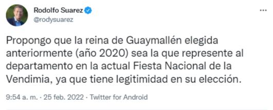 La publicación del Gobernador Rodolfo Suárez sobre la reina de Guaymallén en la participación de la fiesta máxima de los mendocinos.